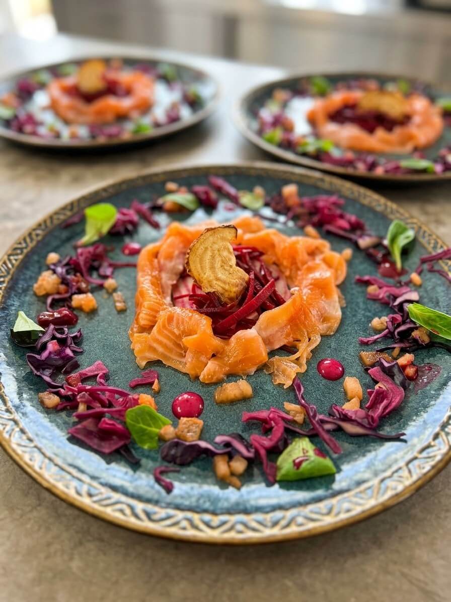 Gravlax de saumon, betterave et chou rouge