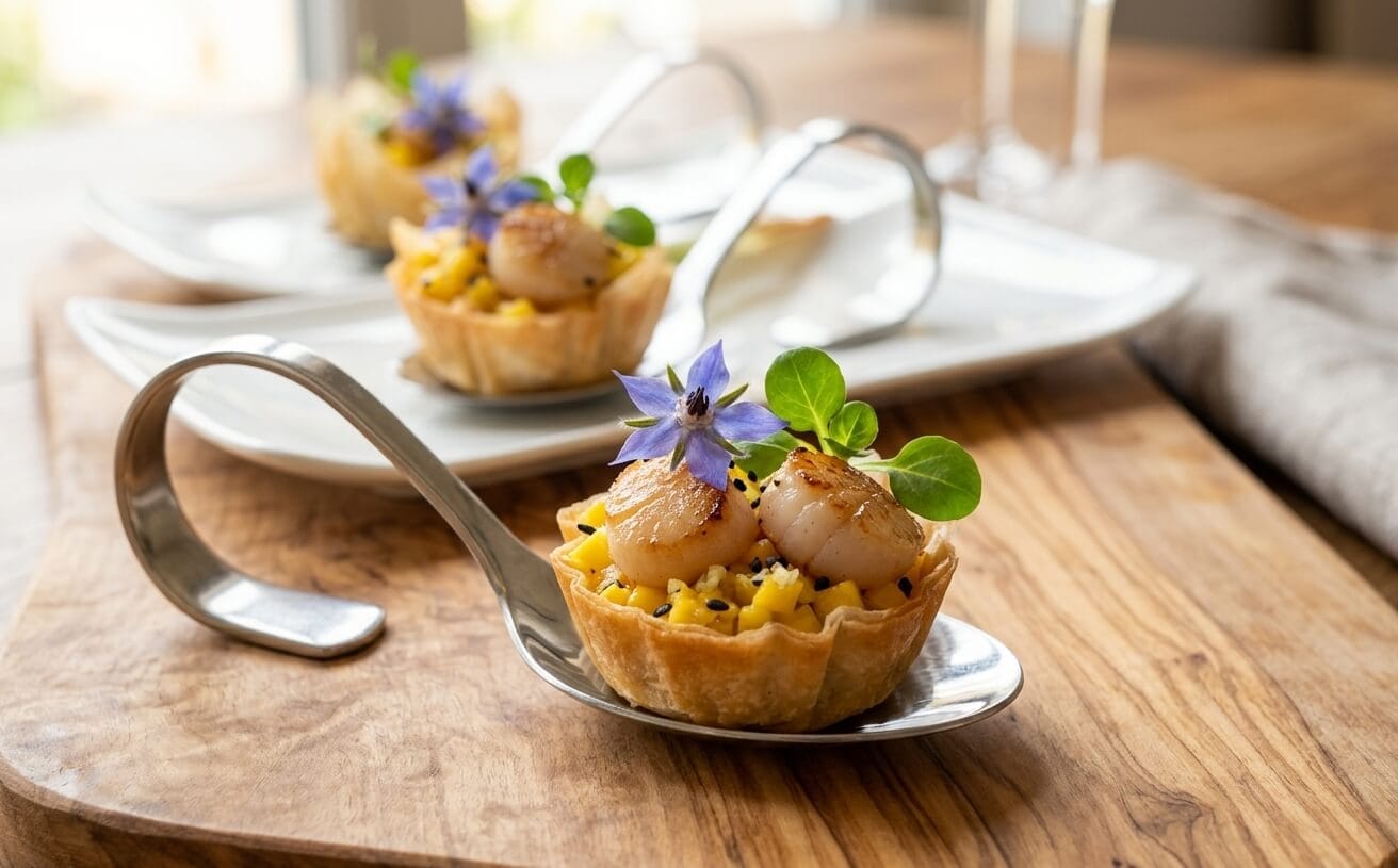 Tartelette croustillante de brick aux noix de pétoncles poêlées, brunoise de mangue fraîche et fleur de bourrache, présentée sur une cuillère de dégustation pour un cocktail traiteur en Anjou.